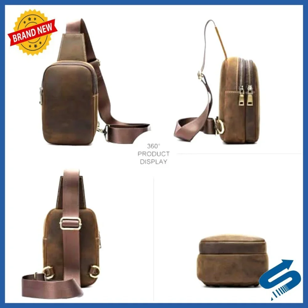 Vintage Leather Sling Bag for Men, Crossbody Messenger, Small Daypack